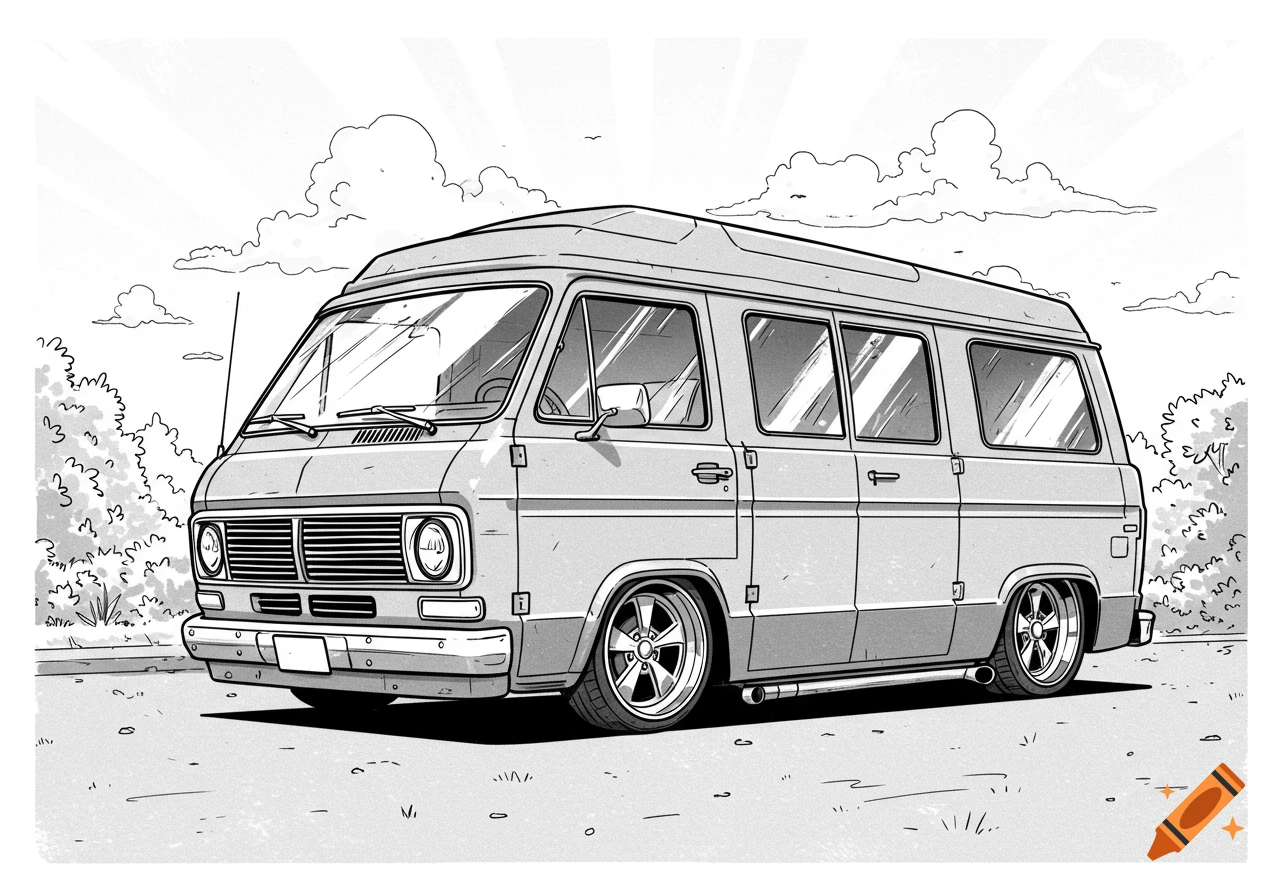 Black and white illustration of a lowered classic van with custom wheels and sun rays in the background.