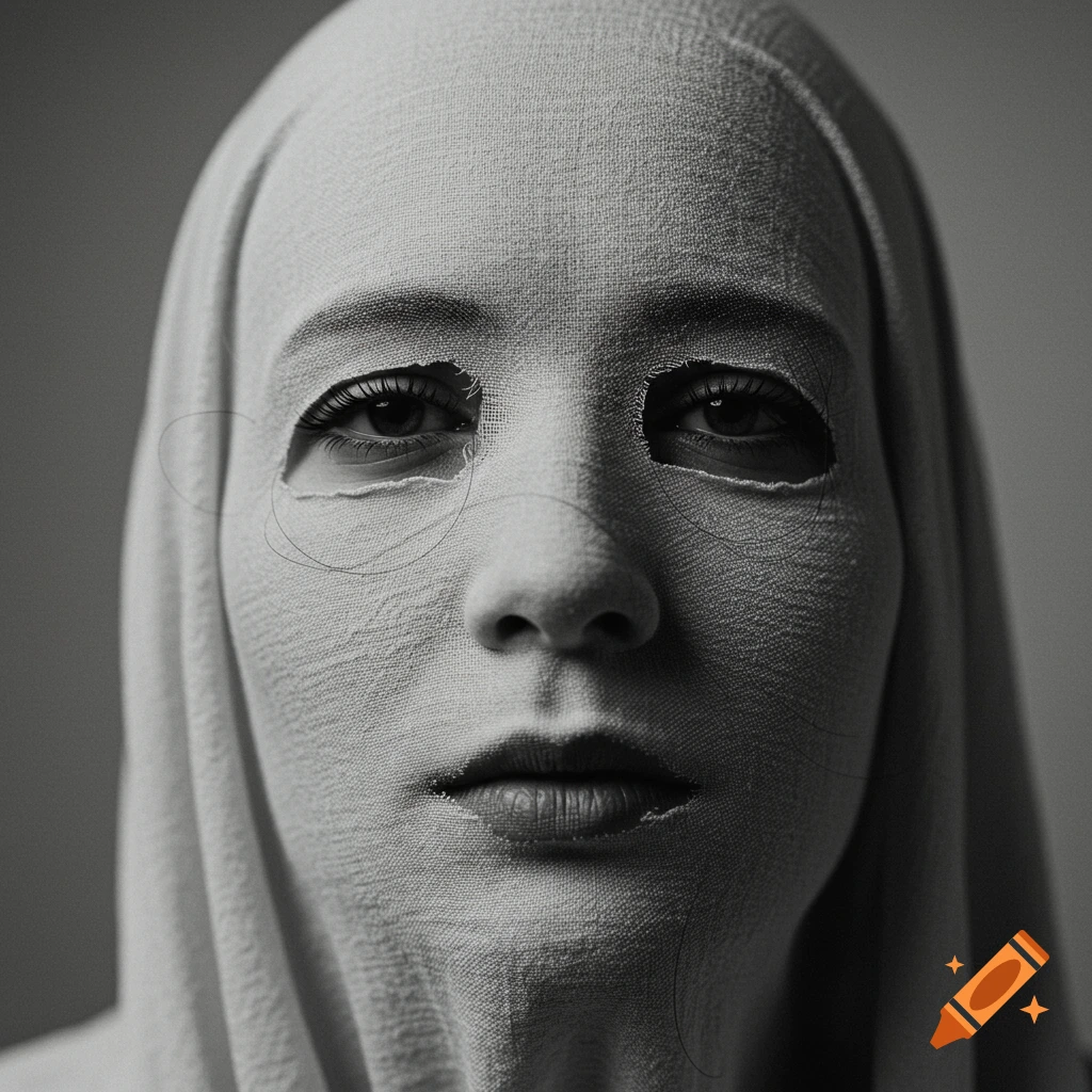 Close-up black and white portrait of a person's face covered by textured fabric, with cutouts revealing the eyes and mouth.
