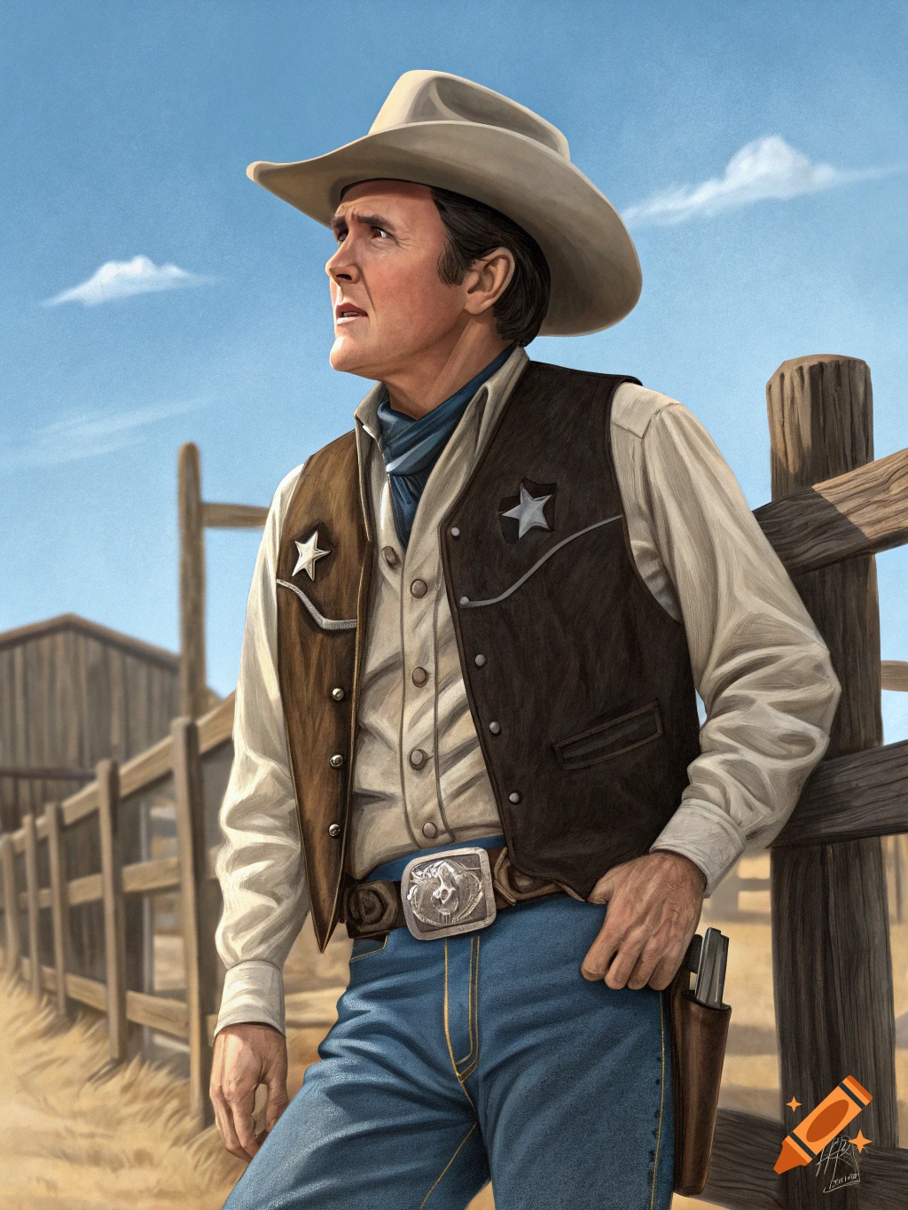 Painting of a cowboy wearing a hat and vest, leaning against a wooden fence in a sunny western landscape.