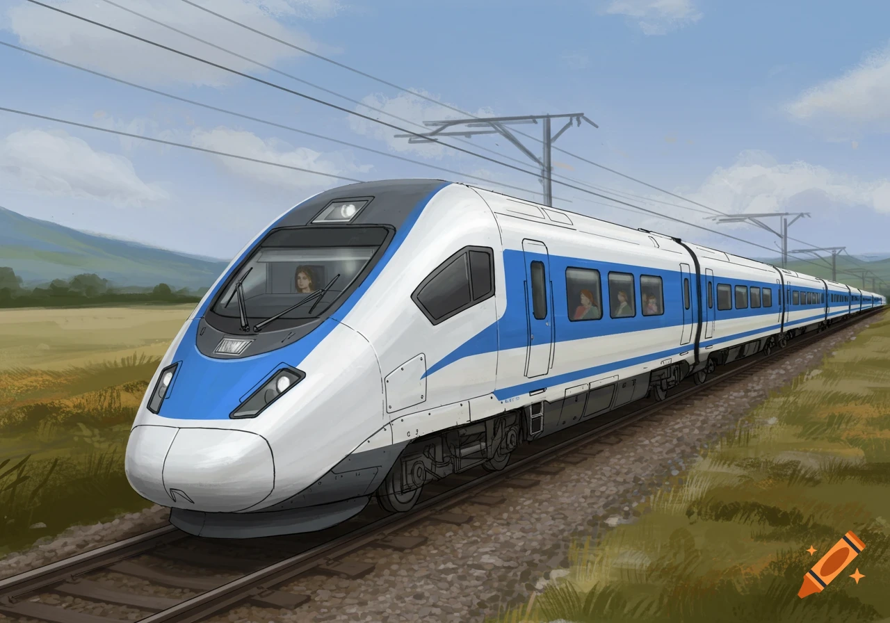 An illustration of a modern white and blue high-speed train traveling through a green and brown rural landscape under a cloudy sky.