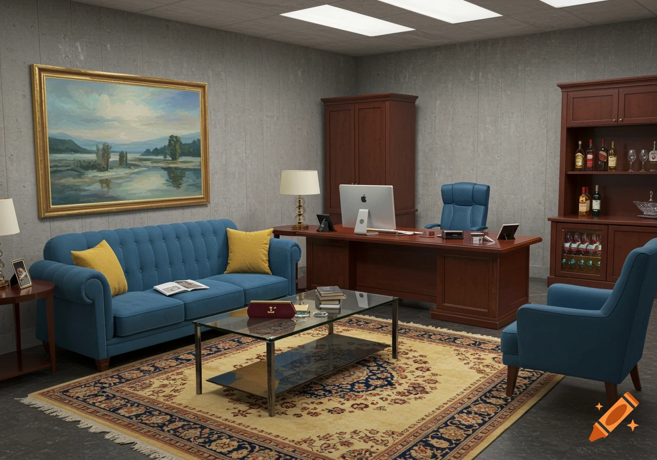 A photorealistic image of a luxurious office with a blue couch, mahogany desk, glass coffee table, oriental rug, concrete walls, and a large landscape painting.