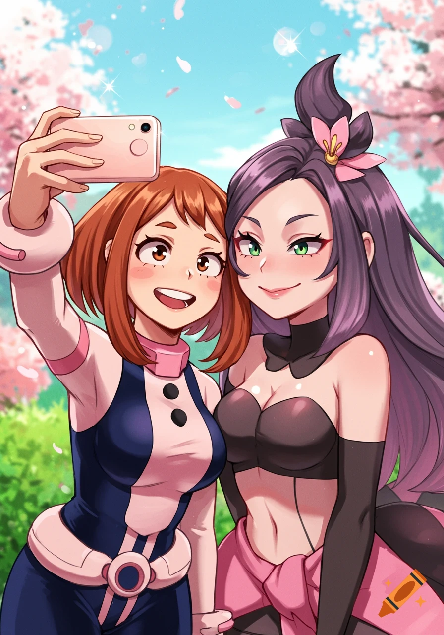 Anime illustration of Ochako Uraraka and Nemona taking a selfie under blooming cherry trees.