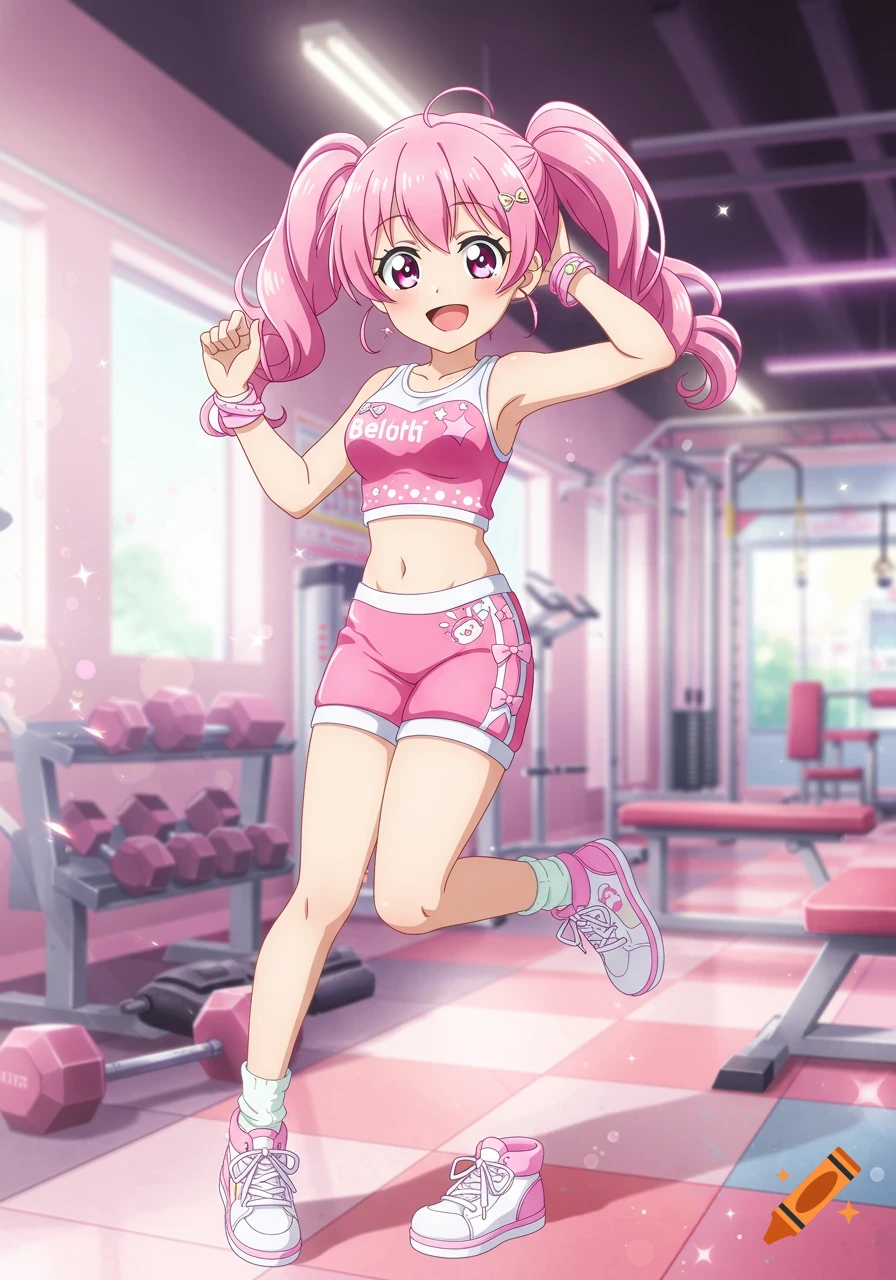 An anime girl with pink pigtails smiles while wearing a pink sports bra and shorts in a pink gym.