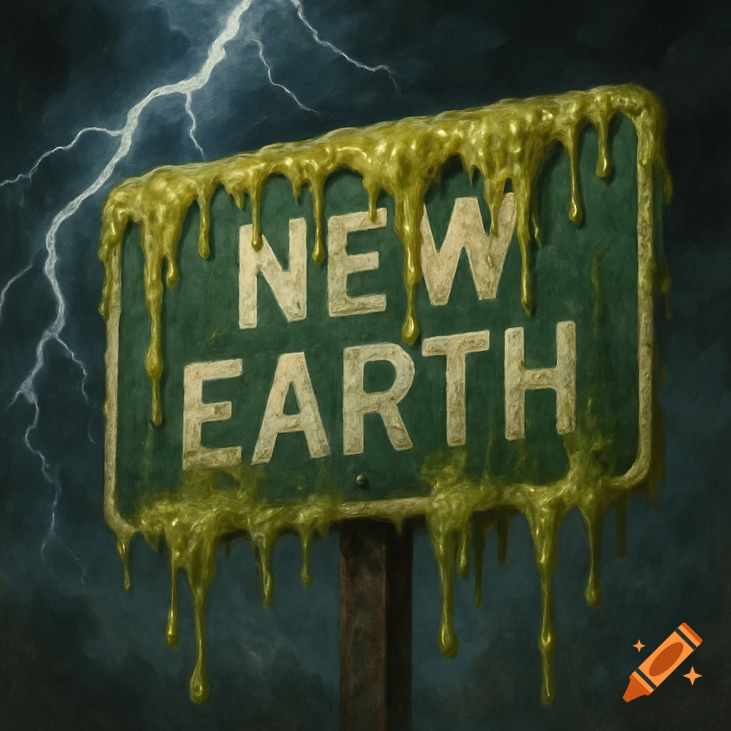 A dark, painterly image of a green road sign with 'NEW EARTH' text covered in dripping yellow-green slime, set against a stormy, lightning-filled sky.