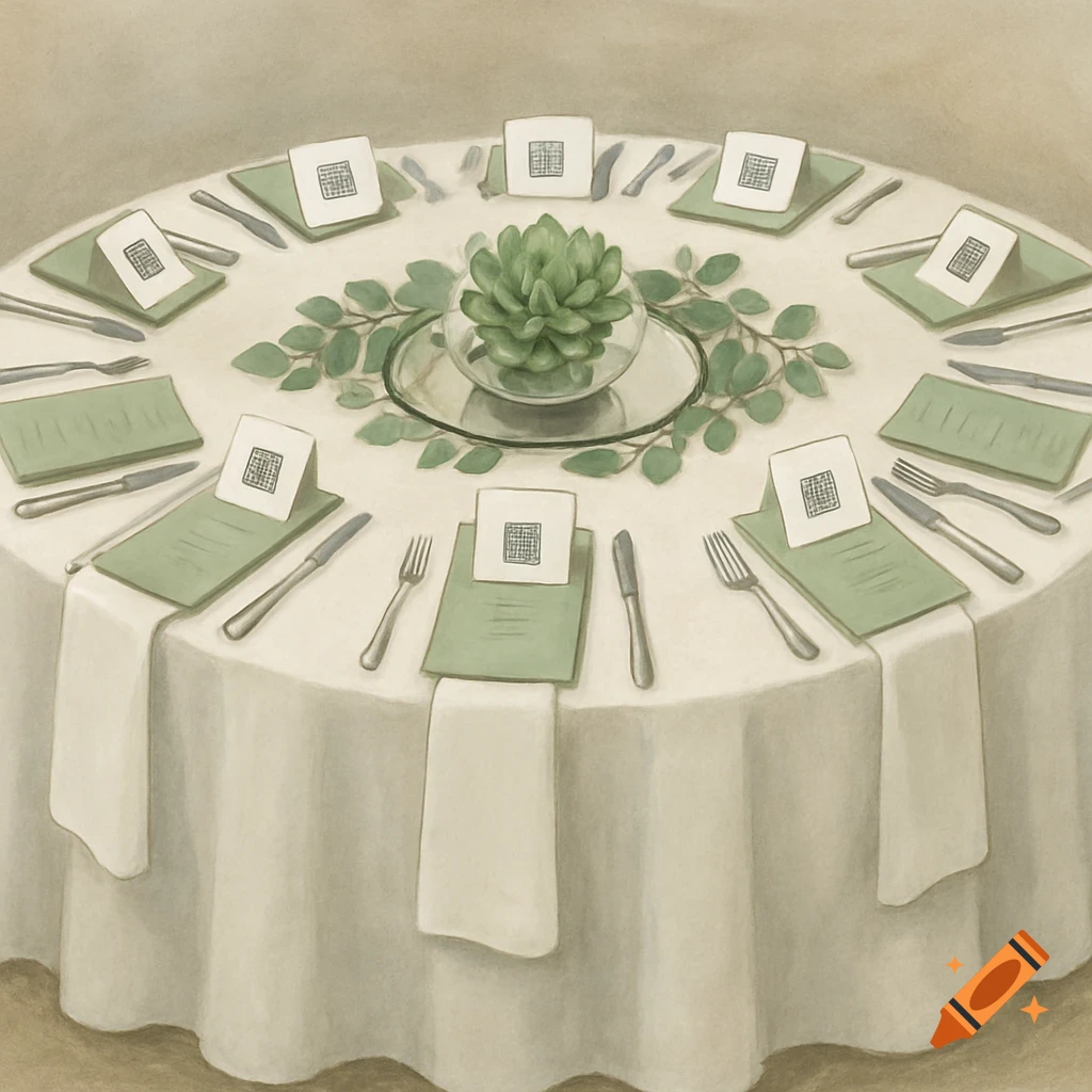 A round wedding dinner table with 10 place settings, white floor-length linen, green menu cards, silverware, and a succulent centerpiece with eucalyptus.