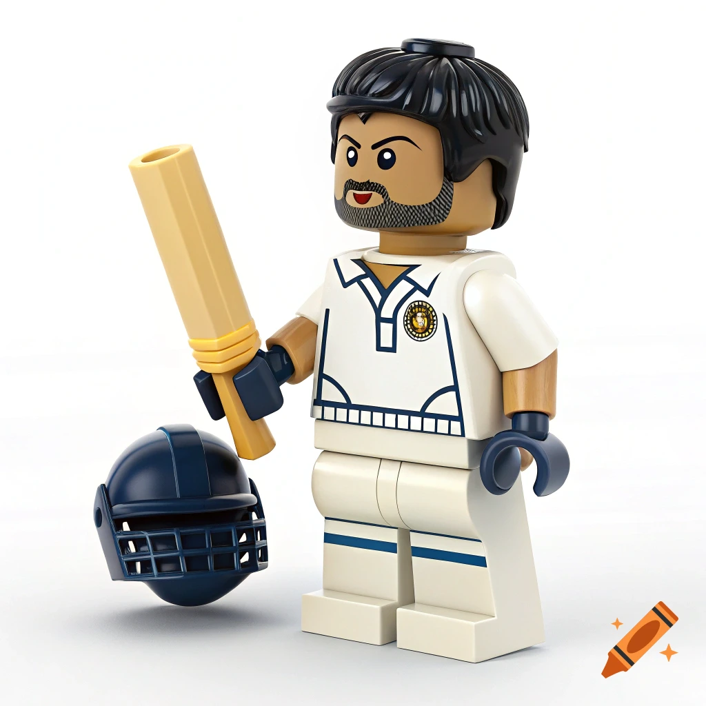 A Lego minifigure of a cricketer, wearing a white uniform, holding a bat, with a blue helmet on the ground.