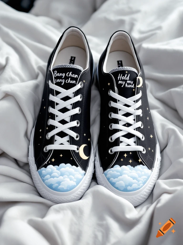 A pair of black custom-painted sneakers with white laces on a white sheet. One shoe has 'Bang Chan Bang Chan' and a moon, the other has 'Hold my hand' and a moon. Both have cloud and star designs on the toes.