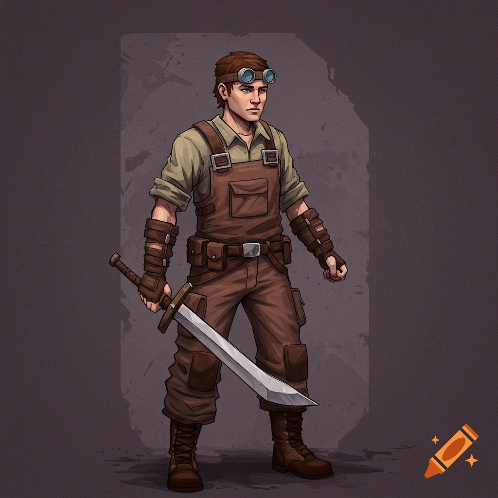 An illustrated male character in steampunk overalls and goggles holds a sword, standing against a dark background.
