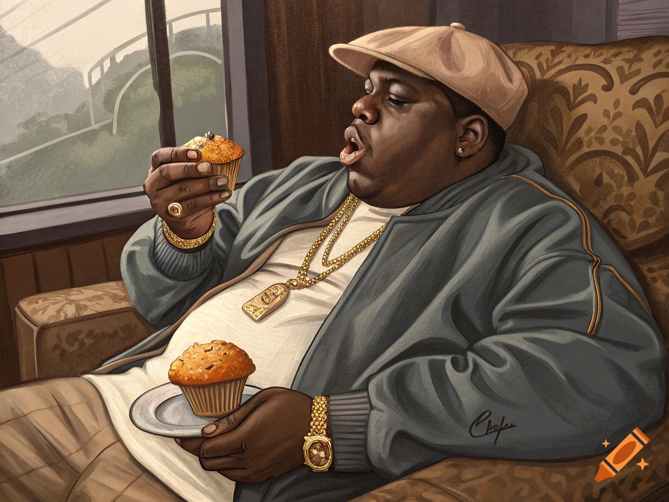 Illustration of The Notorious B.I.G. in a beige cap, holding a muffin and a plate with another, sitting in a patterned chair.