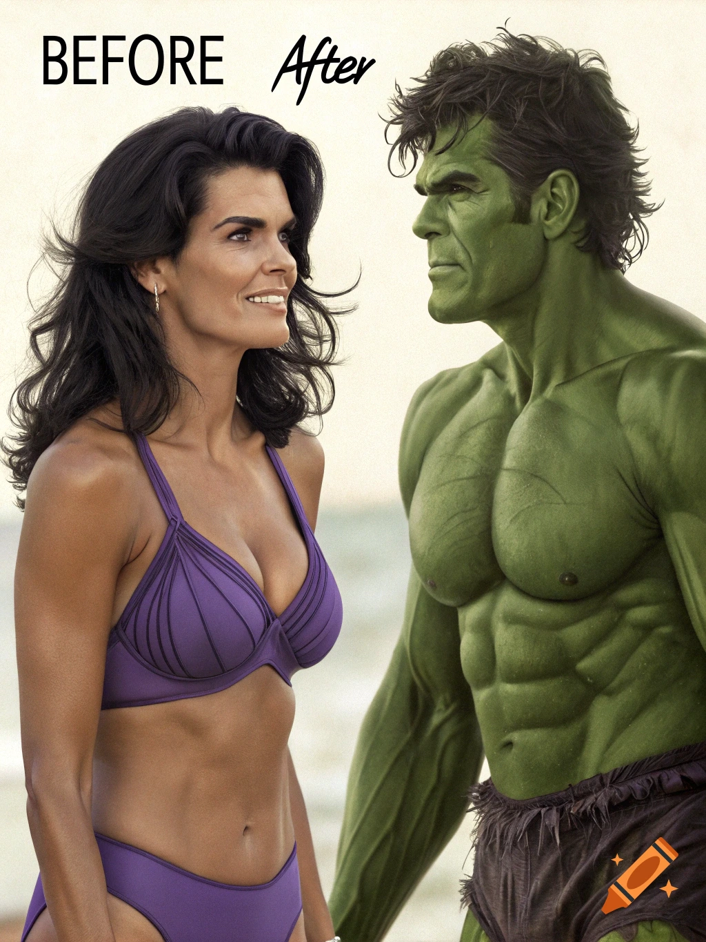 Before and After image of actress Angie Harmon, first in a purple bikini, then as a green male Hulk on a beach.