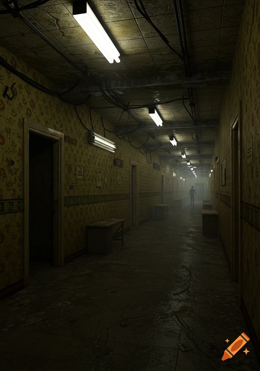 A long, dimly lit, eerie hallway with patterned wallpaper, exposed pipes, fluorescent lights, and a silhouetted figure in the distance.