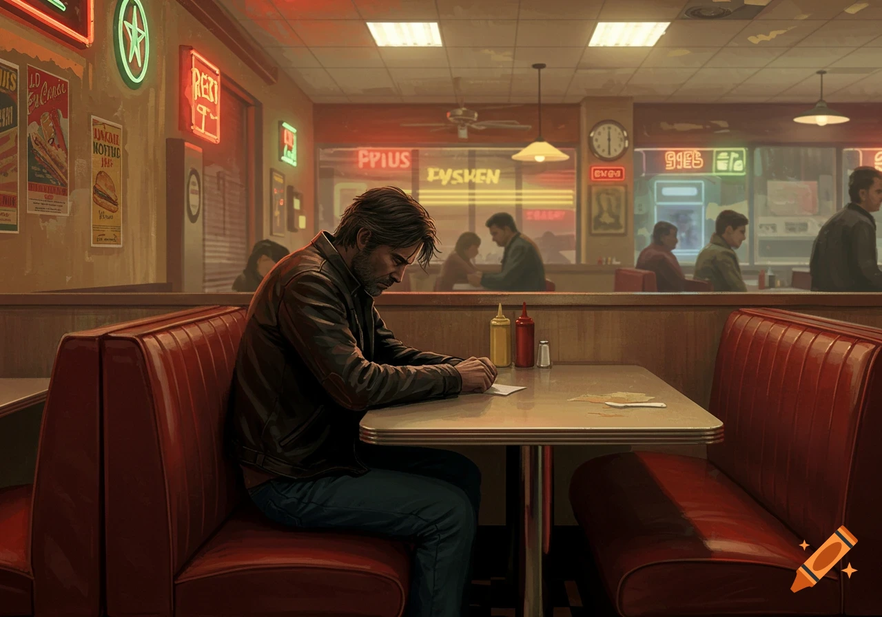 Illustrated scene of a sad man sitting alone in a moody diner booth, surrounded by dim lights and other patrons.