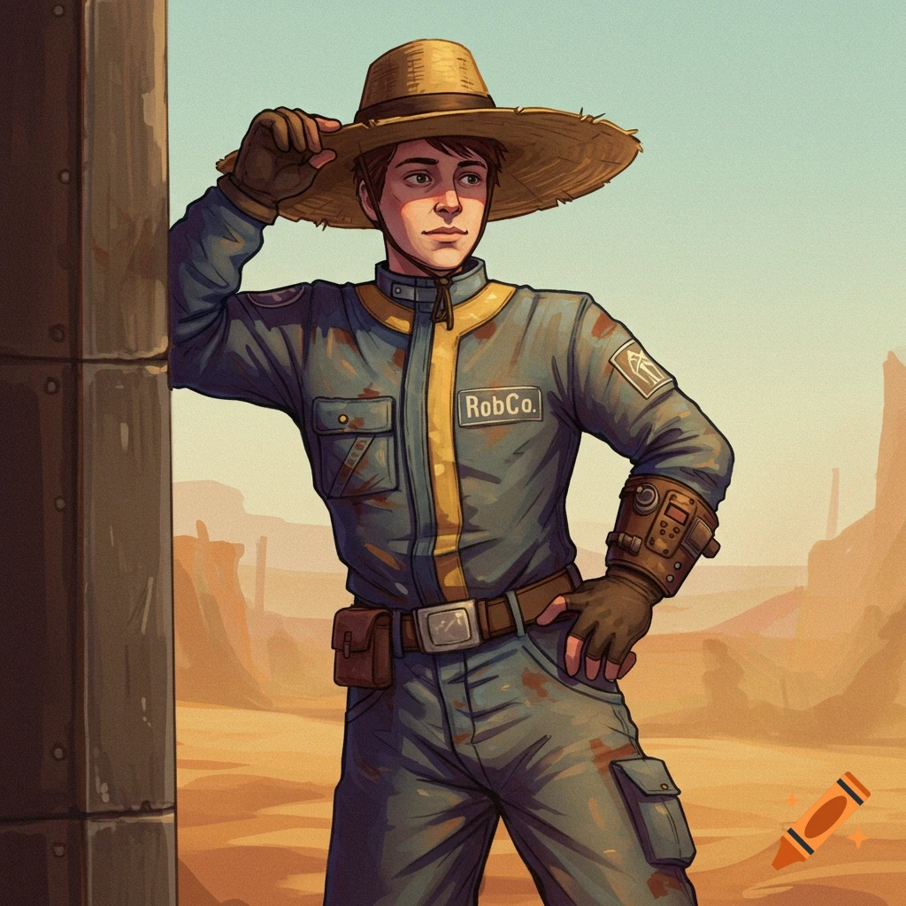 A cartoon-style character from Fallout 3, a male courier in a blue RobCo jumpsuit and a straw hat, stands in a desert.