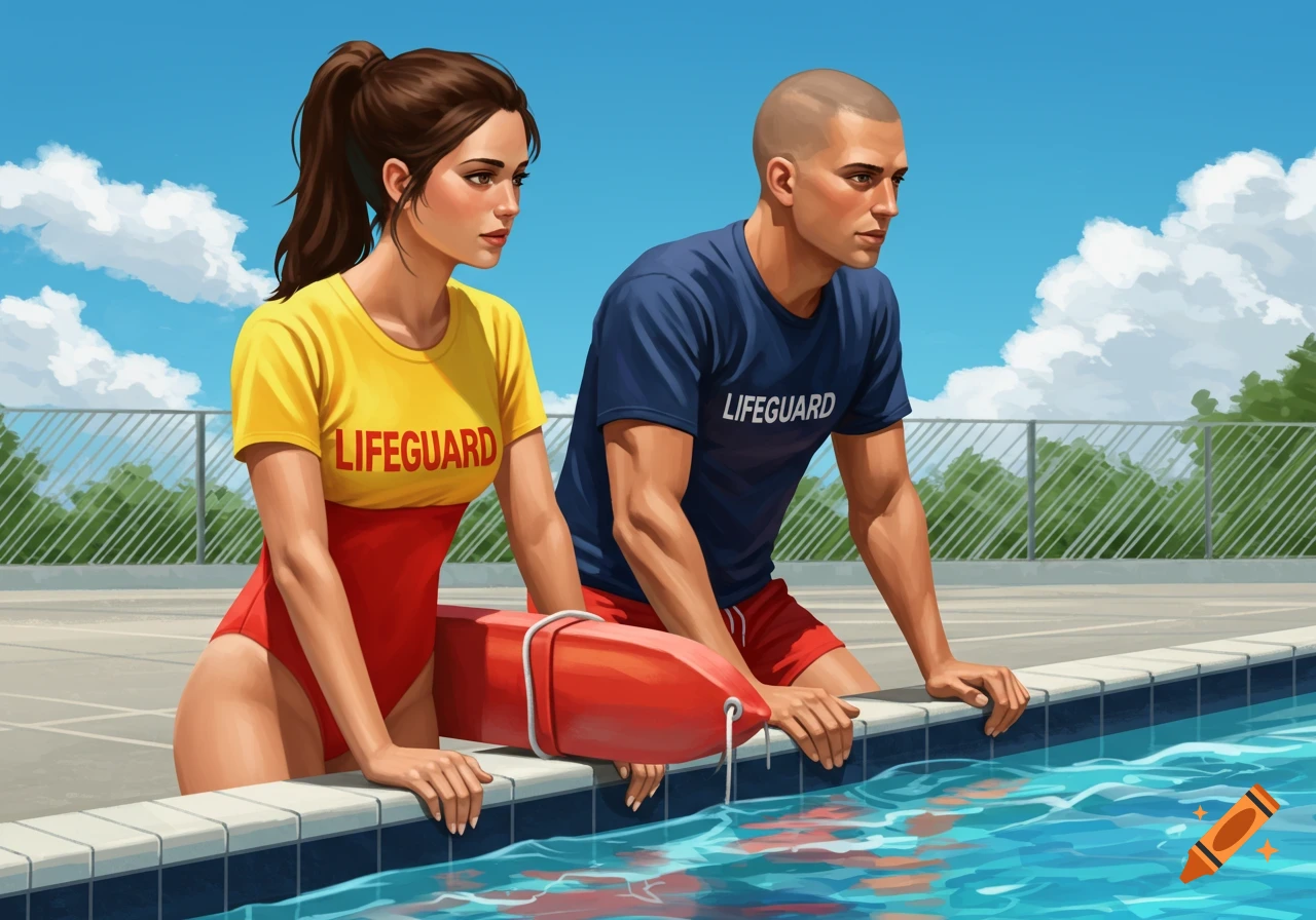 Digital illustration of a female and male lifeguard by an outdoor swimming pool, holding a rescue tube.