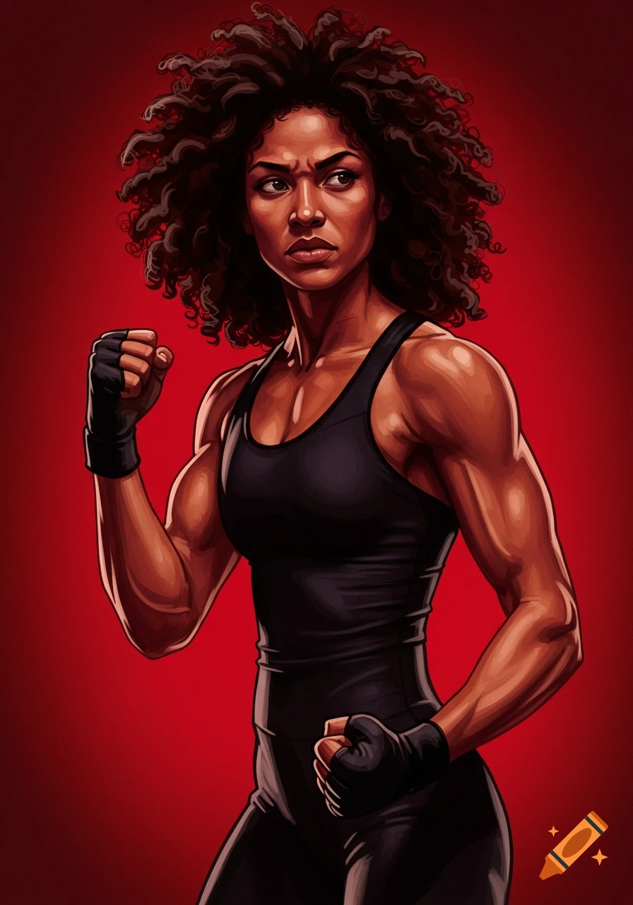 A powerful, muscular woman with curly dark hair, wearing a black tank top and gloves, stands in a fighting pose against a red background, in an illustrative style.