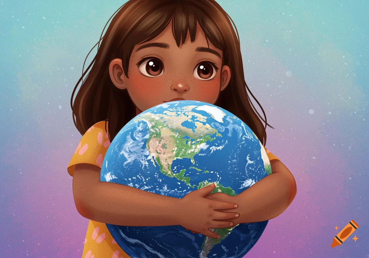 A cartoon illustration of a young child with brown hair hugging the planet Earth, set against a soft, gradient background.