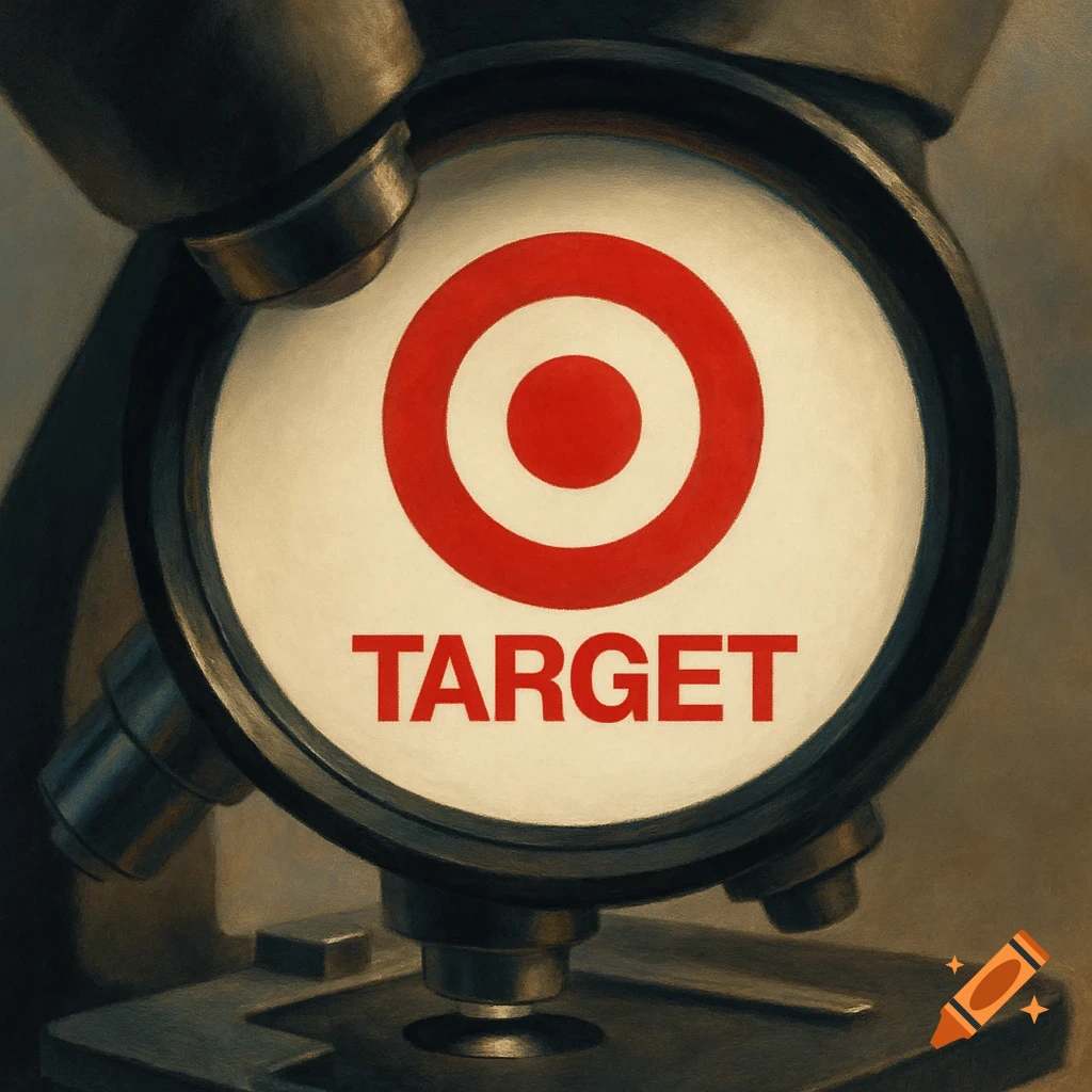 A detailed view of the red and white Target logo with 'TARGET' text, seen through a microscope lens.