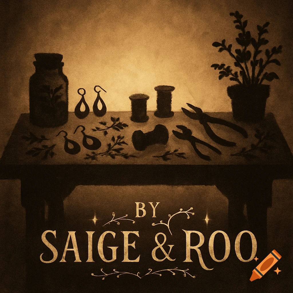 A sepia-toned silhouette of a vintage workbench with earrings, spools, tools, and a potted plant, with 'BY SAIGE & ROO' at the bottom.