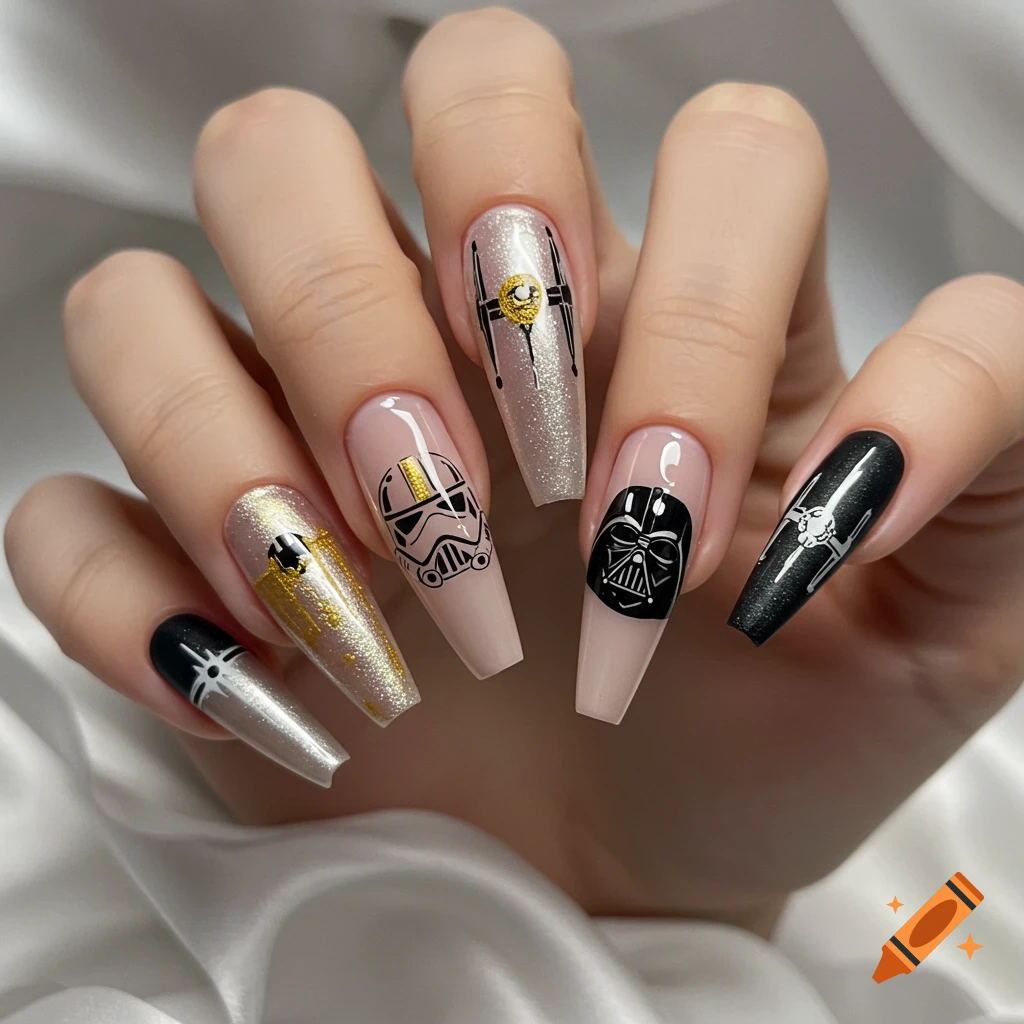 A hand displays long, coffin-shaped nails featuring Star Wars designs including Darth Vader, a Stormtrooper, TIE Fighters, and a Millennium Falcon on glitter, black, and nude polish.