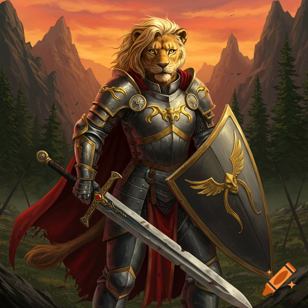 A majestic lion-humanoid knight with long blond hair and golden eyes stands in full, intricate armor, holding a large sword and shield, against a backdrop of mountains and a fiery sunset.