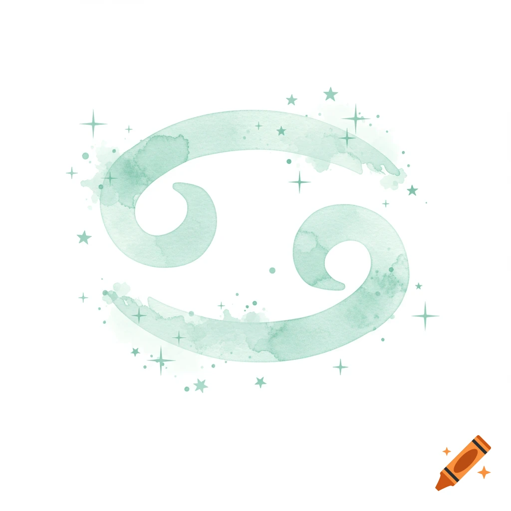 A light mint watercolor Cancer zodiac sign with sparkling stars on a white background.