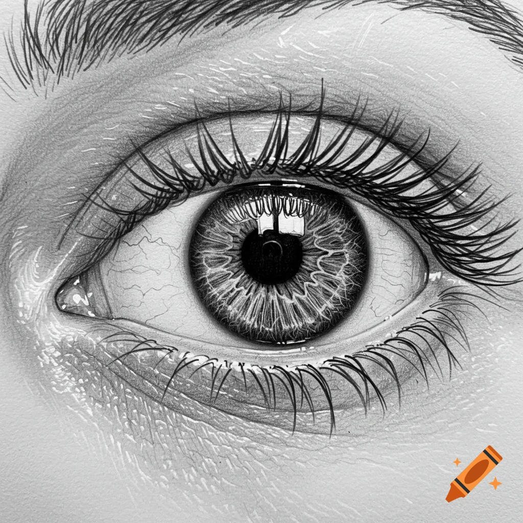 Close-up black and white pencil sketch of a human eye with detailed iris, lashes, and veins.