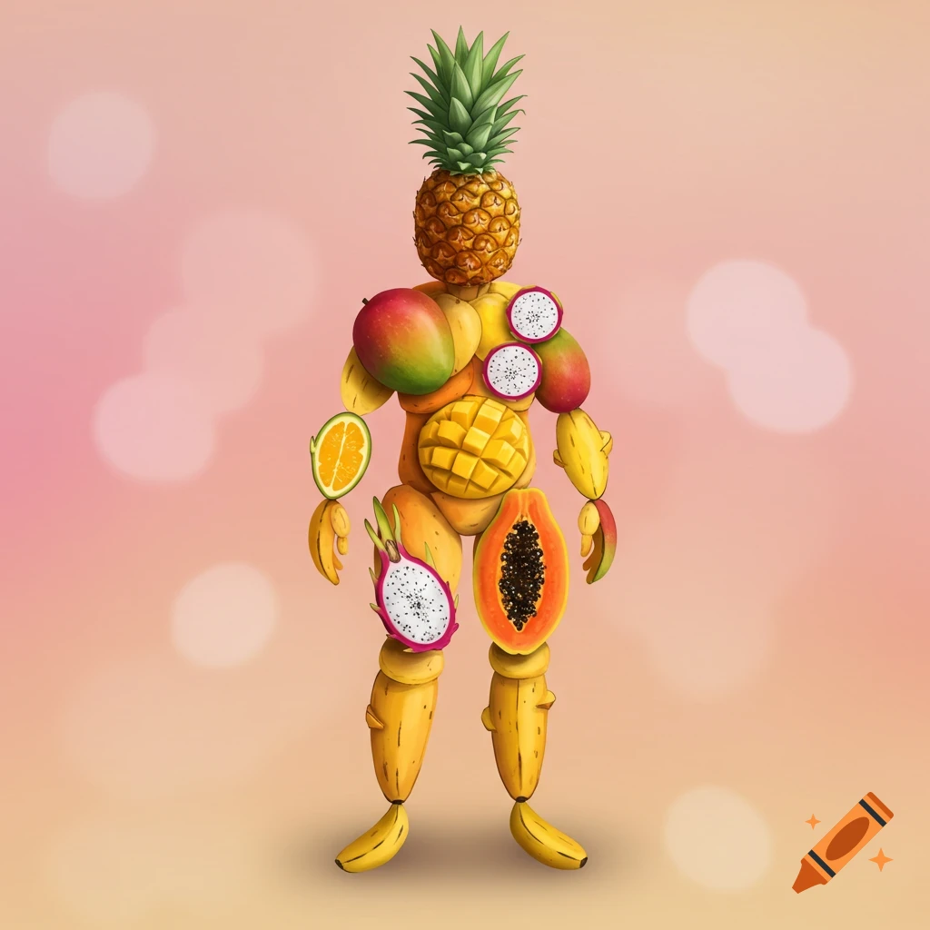 A human-like figure constructed from various fruits, including a pineapple head and banana limbs, against a soft pink background.