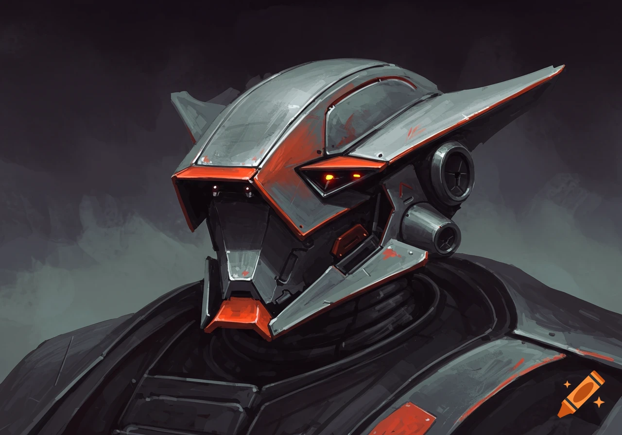Close-up of a futuristic gray and red robot head with glowing orange eyes, digital painting style.