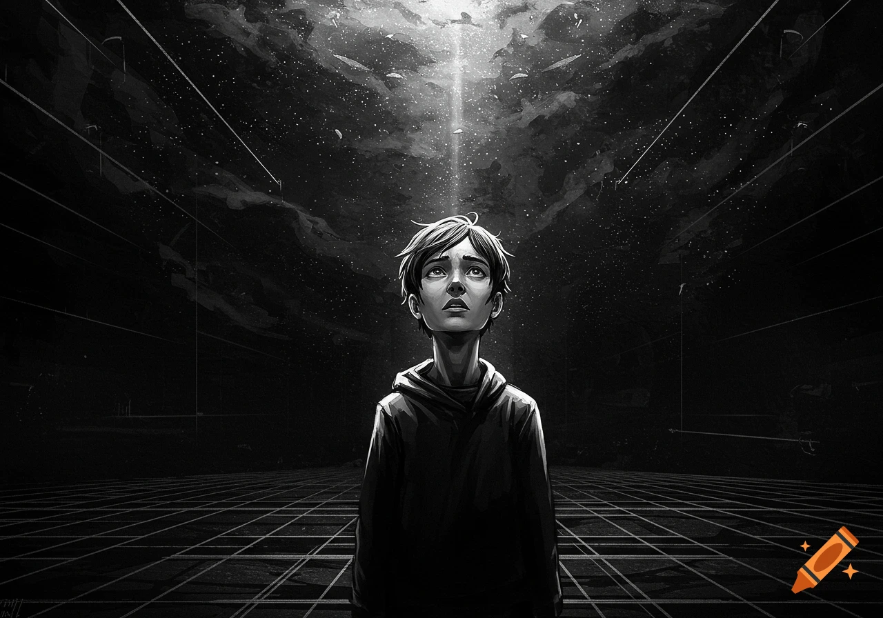A somber figure looks up at a beam of light descending from a starry, cloudy sky in a dark, grid-patterned environment, in black and white.