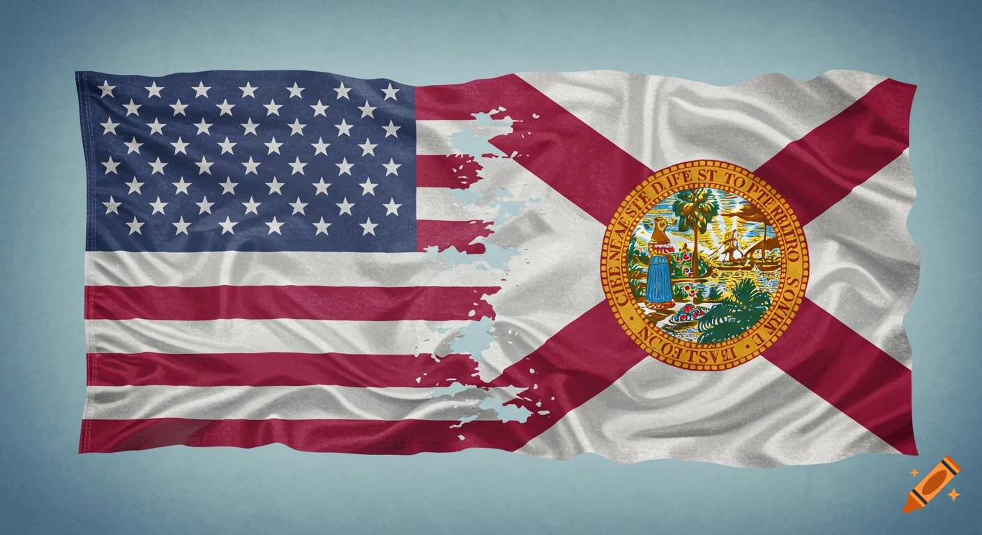 A photorealistic image of the American flag on the left morphing into the Florida state flag on the right, both waving.