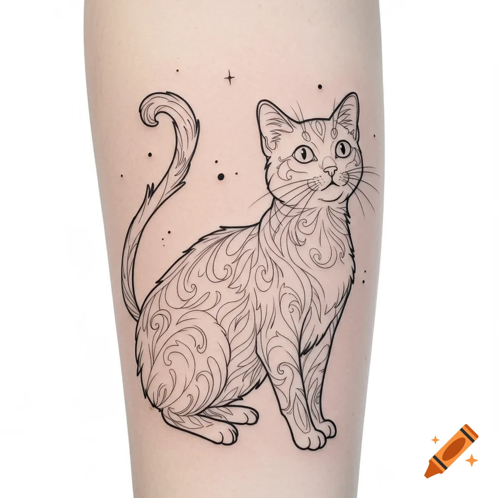 Line drawing of a cat with intricate scrollwork patterns, appearing as a tattoo on skin.