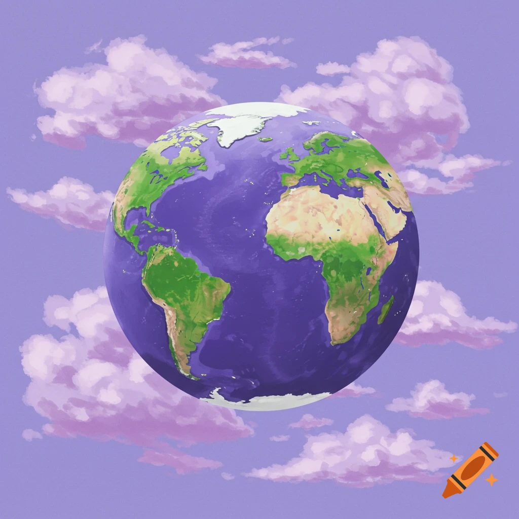 A stylized globe of Earth floats in a light purple sky surrounded by soft, pinkish clouds.