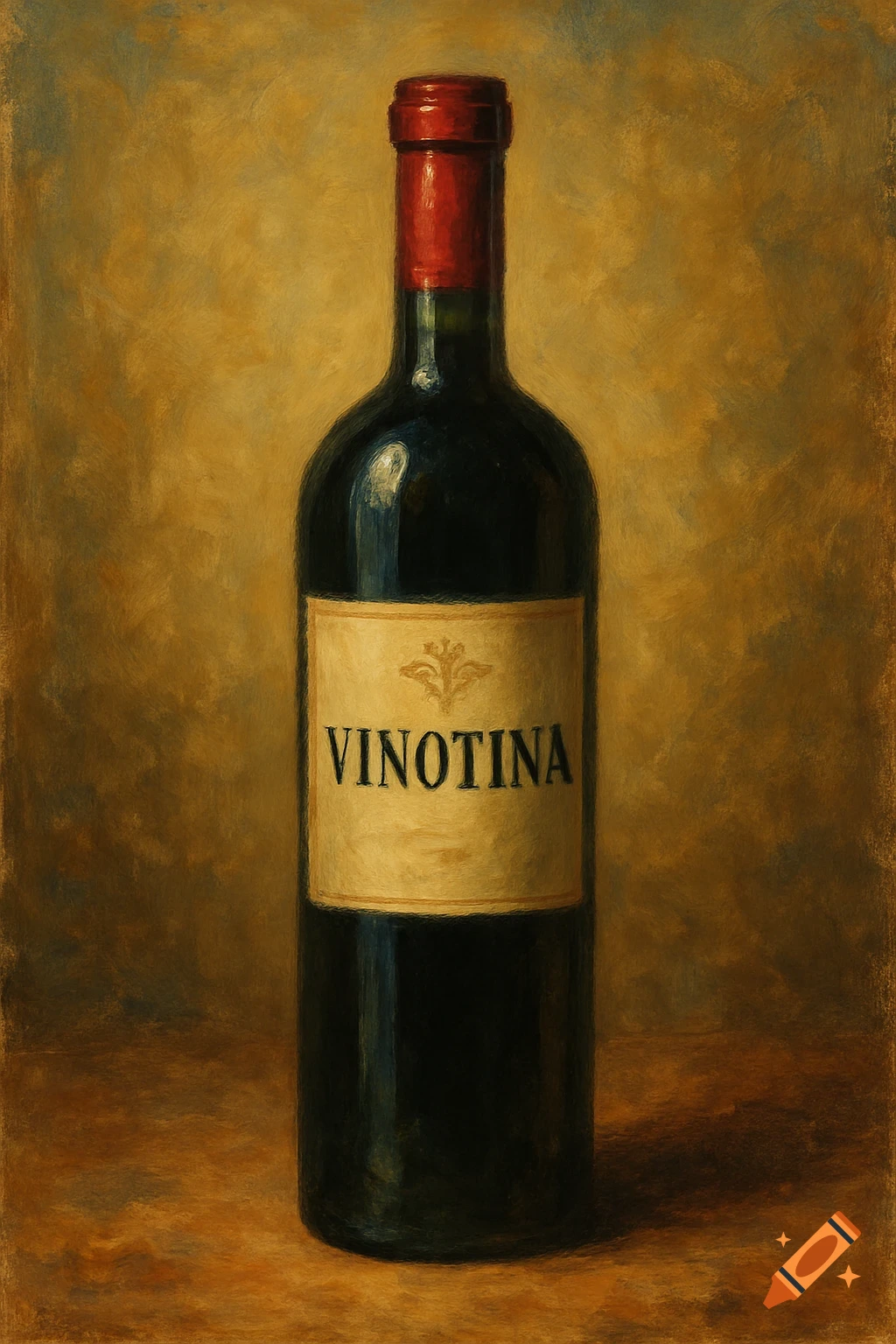 A still life painting of a dark wine bottle with a cream-colored label that says 'VINOTINA' and a red foil top. The background is a textured golden-brown.
