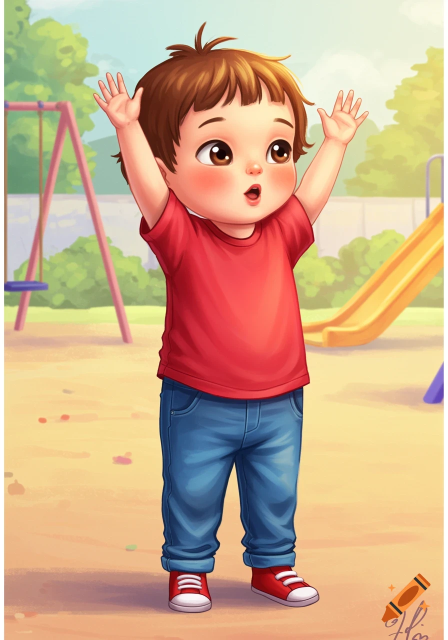 A cartoon toddler with brown hair, wearing a red shirt and blue jeans, stands in a playground with arms raised.