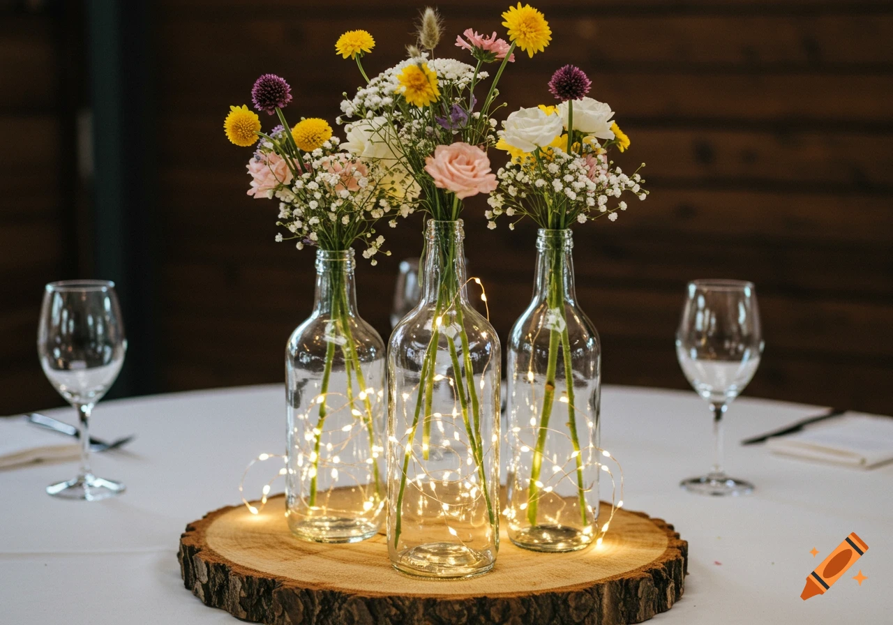 Wedding centerpiece with wild flowers in three glass bottles with fairy lights, on a wooden slab. Wine glasses are on the white table.