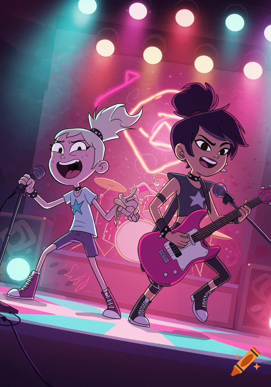 Two animated cartoon girls, one singing into a microphone and another playing an electric guitar, performing on a brightly lit stage.