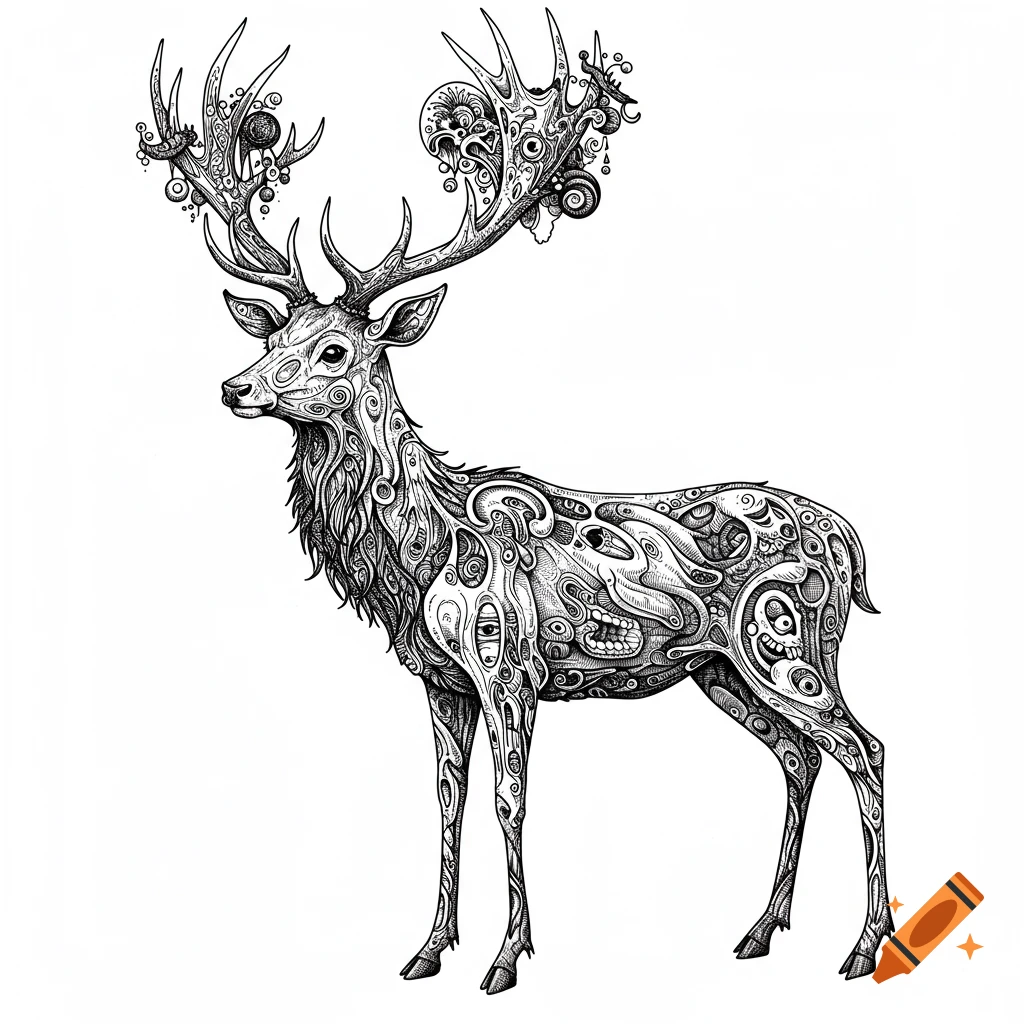 A detailed black line drawing of a deer with its body and antlers composed of intricate, surreal patterns, faces, and eyes, on a white background.