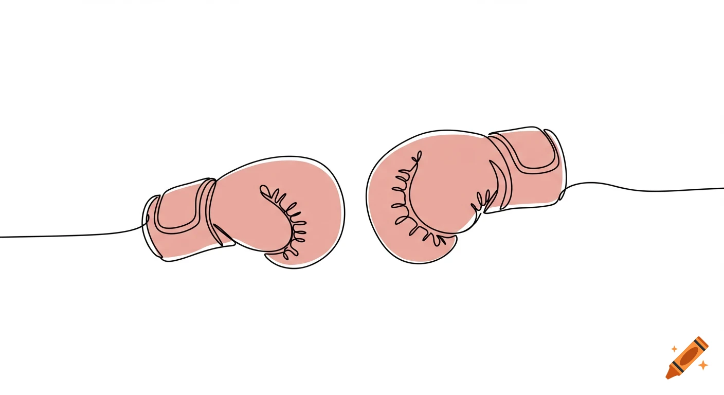 A continuous line art illustration of two pink boxing gloves facing each other on a white background.