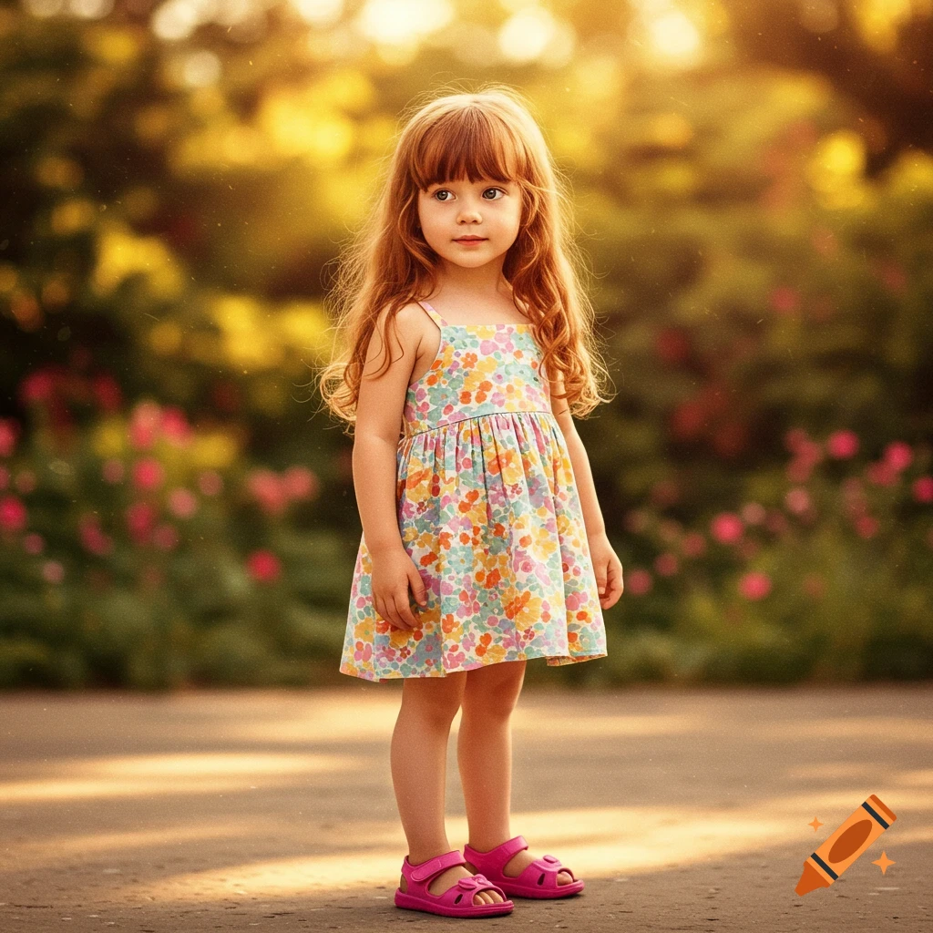 Young girl with long red hair and a floral dress stands in a sunlit ...