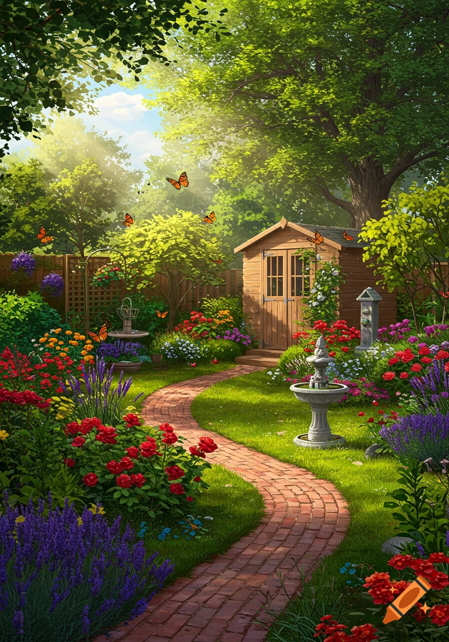 A vibrant garden with a brick path, colorful flowers, green trees, a small shed, and butterflies under a sunny sky.