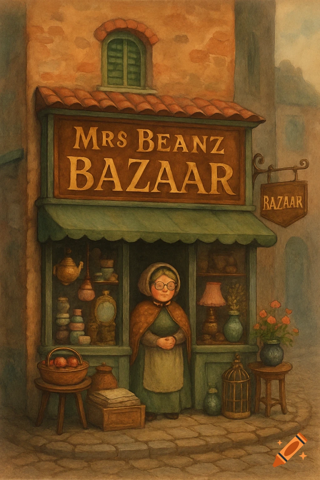 An old woman stands outside her quaint Mrs Beanz Bazaar shop, painted in a charming watercolor style.