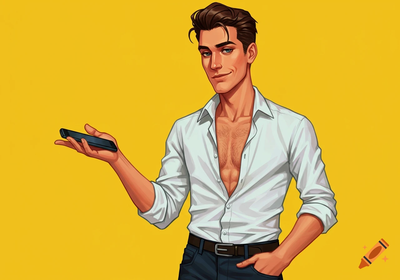 An illustrated man in an unbuttoned white shirt and jeans, holding a phone, against a yellow background.