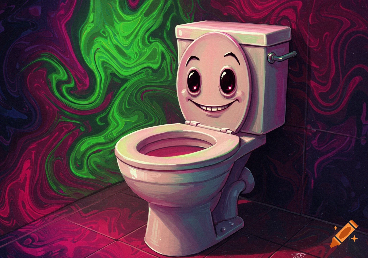 A cartoon happy toilet with large eyes and a wide smile sits in front of a swirling green and magenta background.
