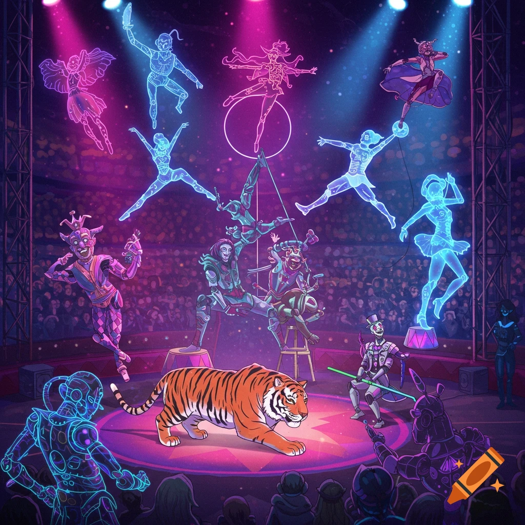 An anime-style digital circus performance with a tiger, robotic and holographic performers, and an audience under pink and blue spotlights.