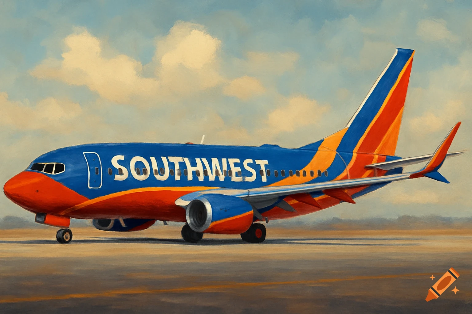 A painterly depiction of a blue, red, and orange Southwest Airlines airplane on a tarmac under a cloudy sky.