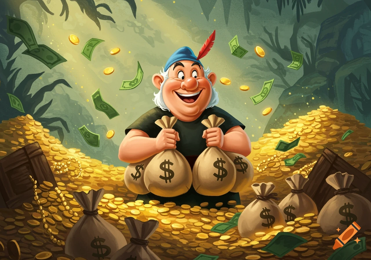 A jovial, plump cartoon man wearing a blue hat with a red feather holds two overflowing money bags in a treasure-filled cave with gold coins and flying banknotes.