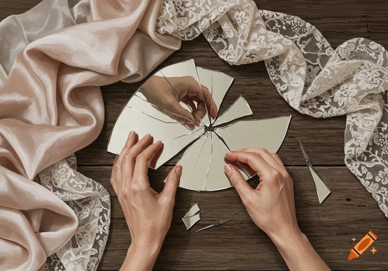 Overhead view of hands arranging broken mirror pieces into a circle on a rustic wooden table, surrounded by pink silk and white lace fabric.