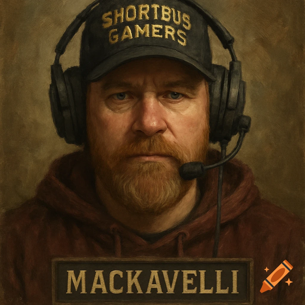 A painterly portrait of a bearded man wearing a 'Shortbus Gamers' hat and a gaming headset, with 'Mackavelli' on a sign below.