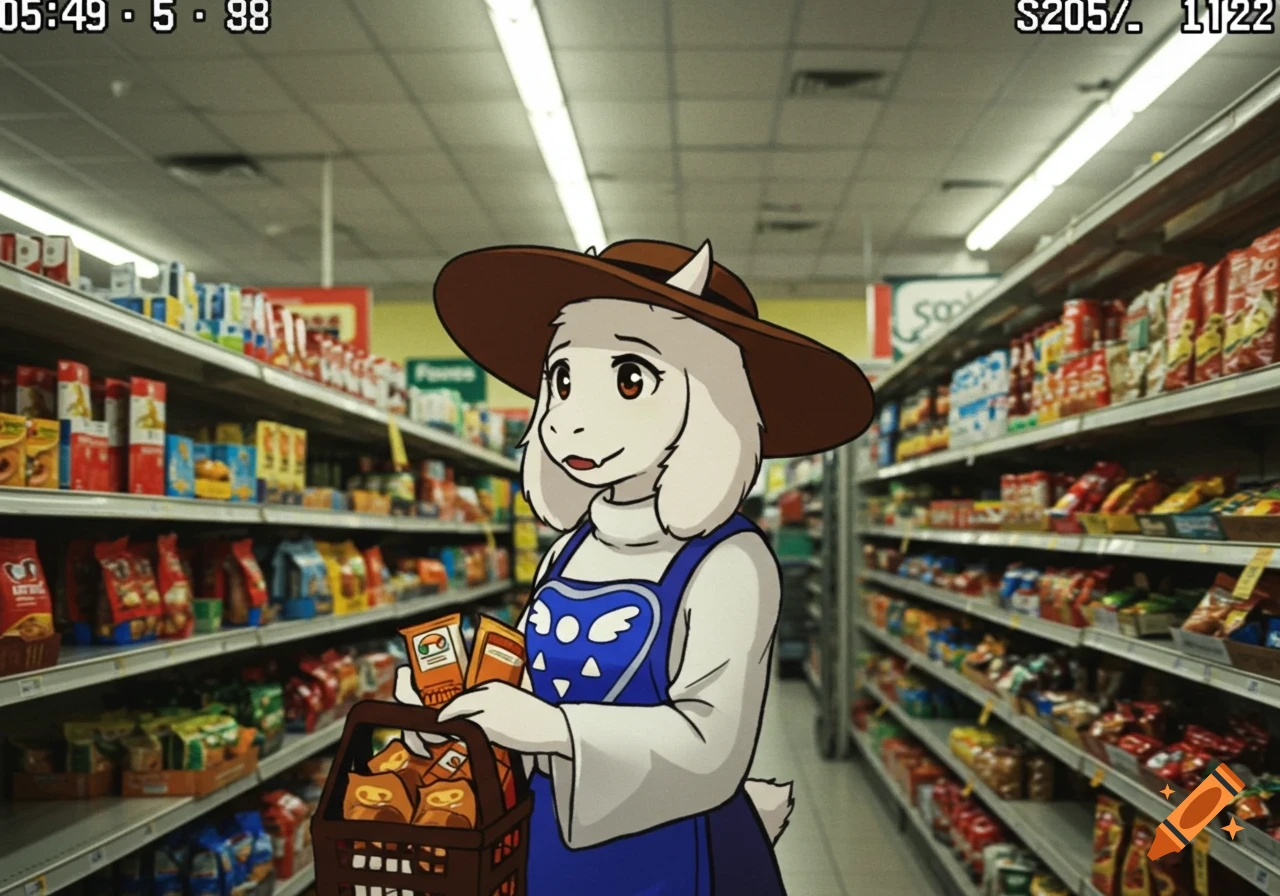 An anime-style character, Toriel from Undertale, wearing a blue apron and brown hat, holds a shopping basket in a grocery store aisle. The image has a grainy, CCTV footage aesthetic with an overlay timestamp.