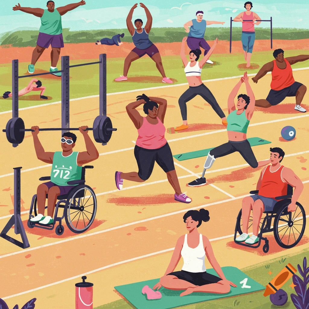 Illustration of diverse people, including those with disabilities, exercising on a track and field.
